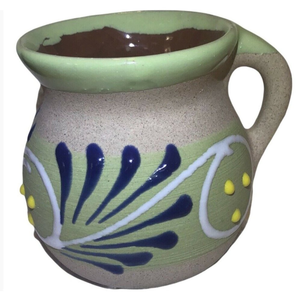 Mexican Handmade Painted Clay Jarrito 12oz Coffee Mug Decorative Olive 4x5in NEW